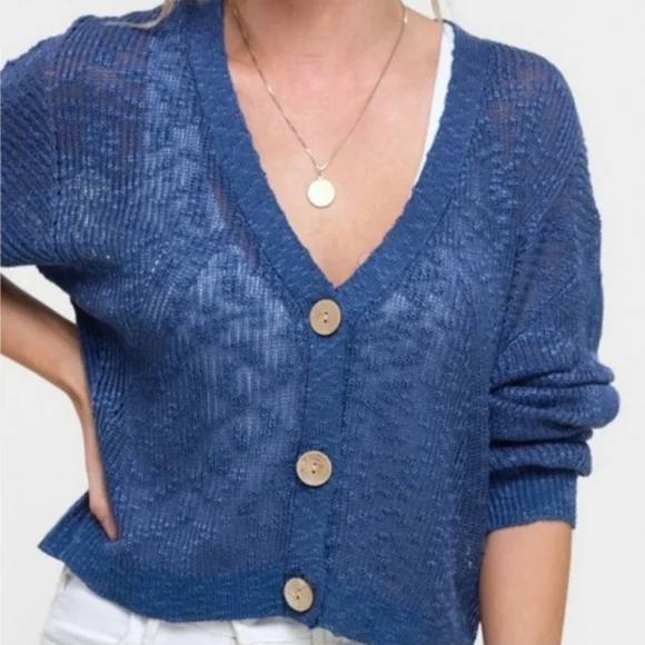 Hyped Unicorn by LA MIEL Blue Slouchy Light Weight Semi Sheer Cardigan Size M/L - Picture 3 of 7